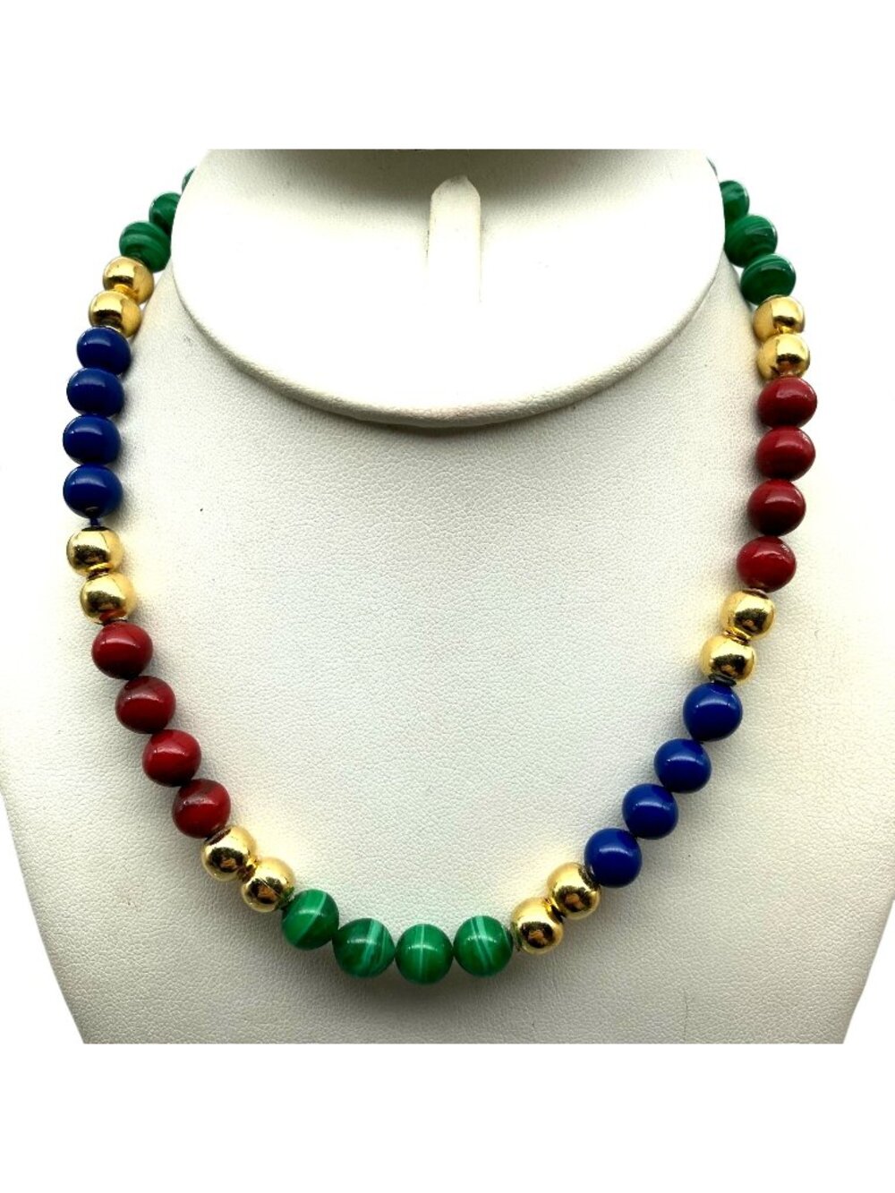 Vintage Art Glass Beaded Strand in Gold Tone and Primary Colors, Red Blue